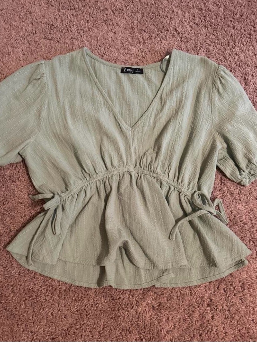 Very J Sage Green V-Neck Tie-Waist Peplum Blouse